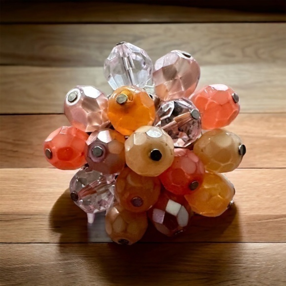 Cluster Beaded Brooch - Coral and Orange - Silver Tone